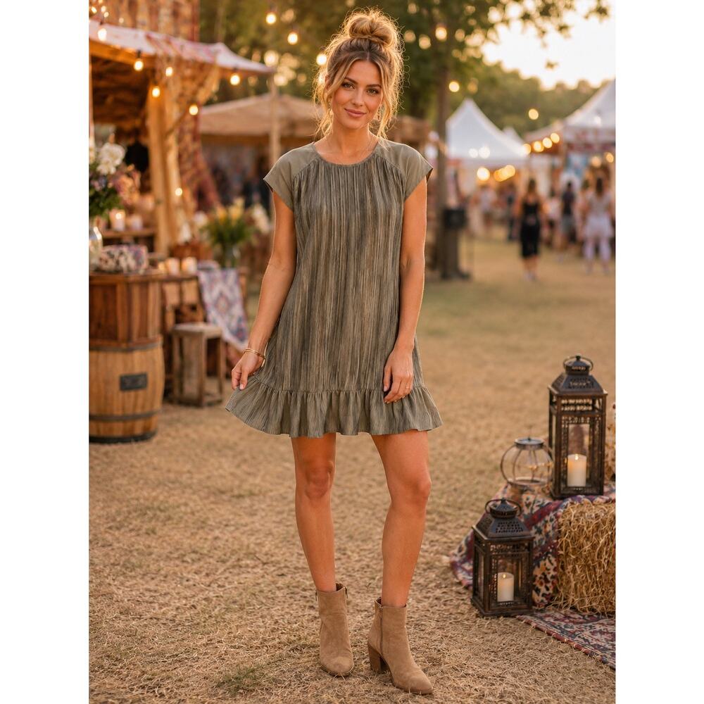 Anthropologie Olive Green Plisse Mini Dress XL Flounce Hem Boho Relaxed Luxury